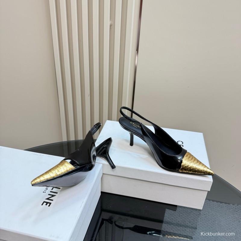 2025 Women CELINE Black Gold Leather Slingback Heels