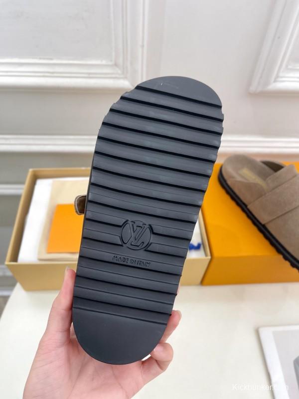 2025 Women Louis Vuitton Brown Suede Slippers Flower Buckle KFY00300