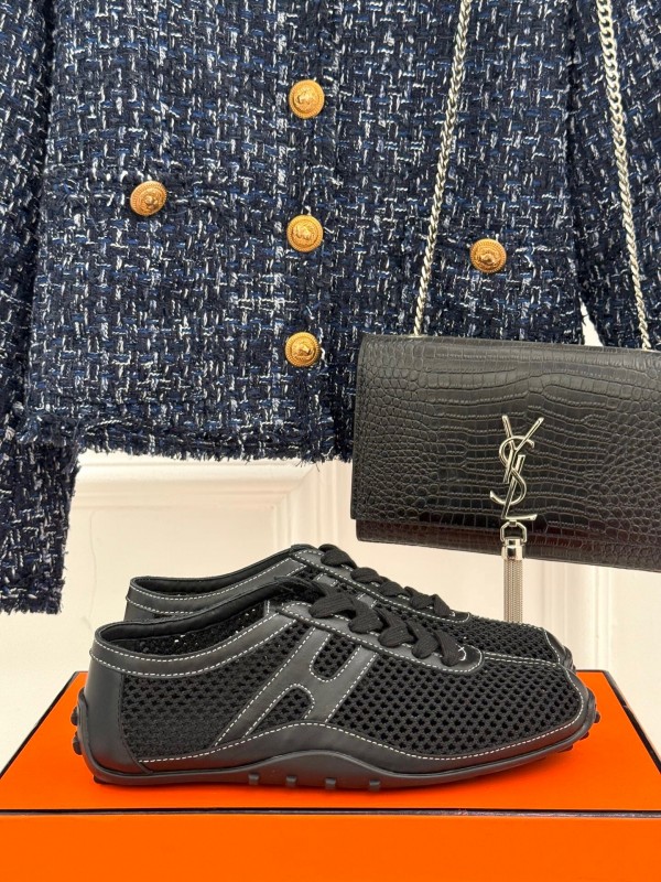 2025 Women Hermès Black Mesh Leather Sneakers
