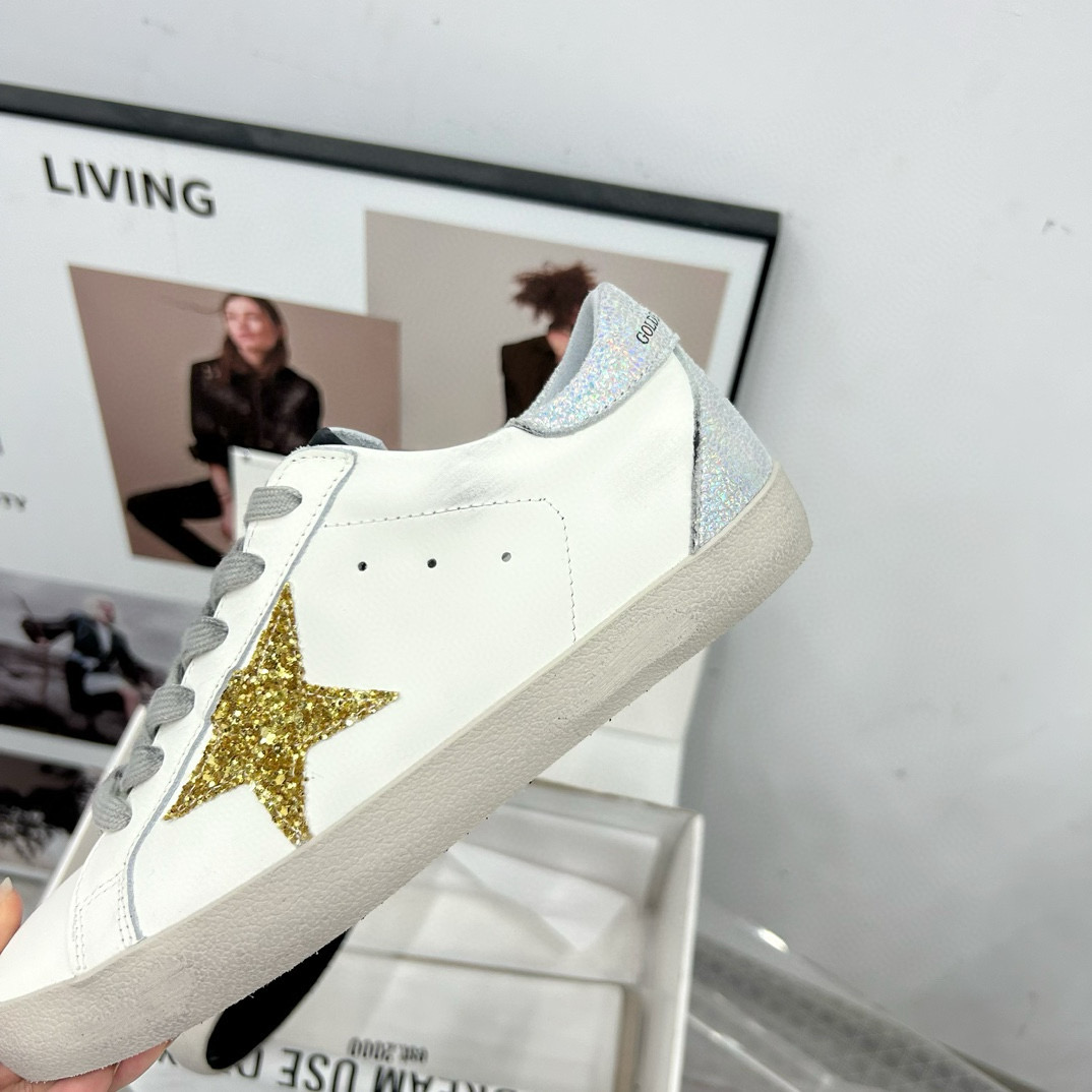 2025 Women GGDB White Gold Glitter Leather Sneakers