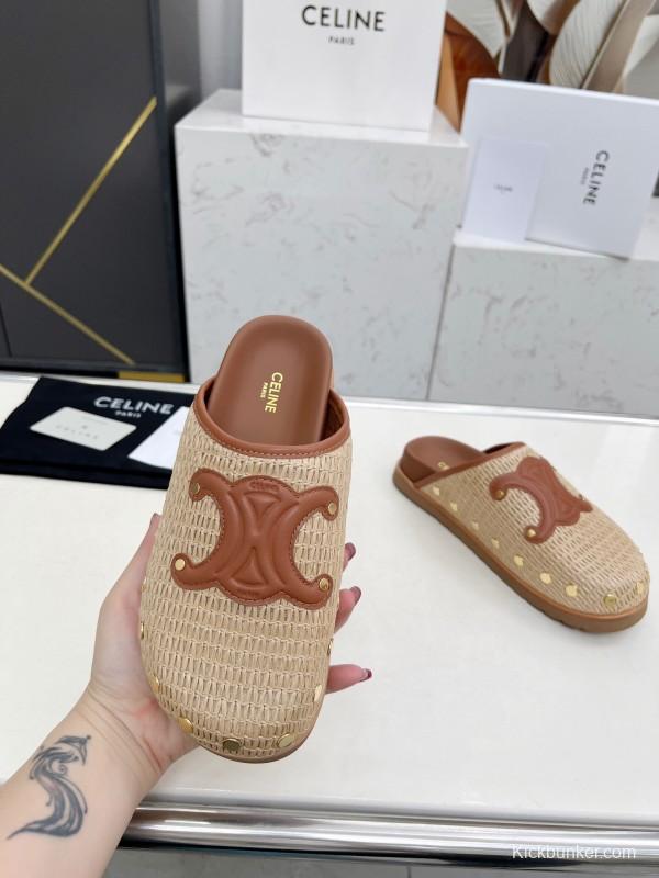 2025 CELINE Beige Leather Raffia Slippers LY00240