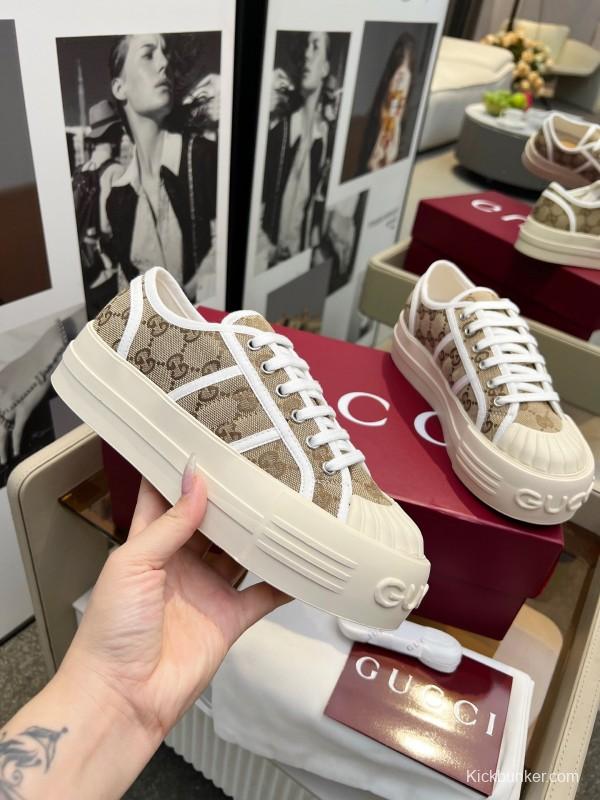 2025 Women Gucci Beige Brown Canvas Platform Sneakers LY00270