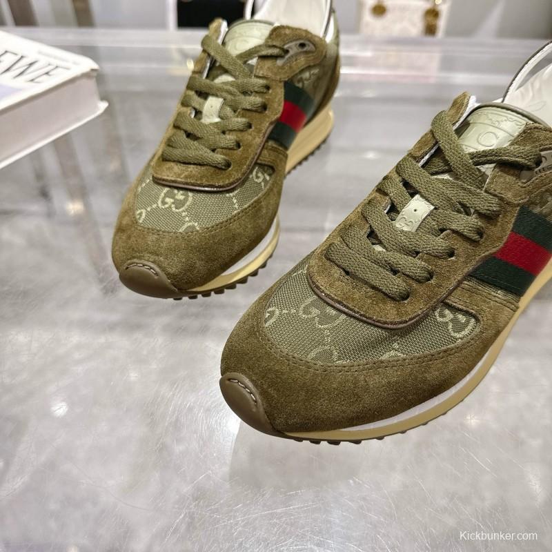 2025 Women Gucci Khaki Green Red Suede Mesh Sneakers LY00340