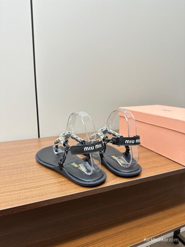 2025 Women Miu Miu Black Leather Rhinestone Sandals LY