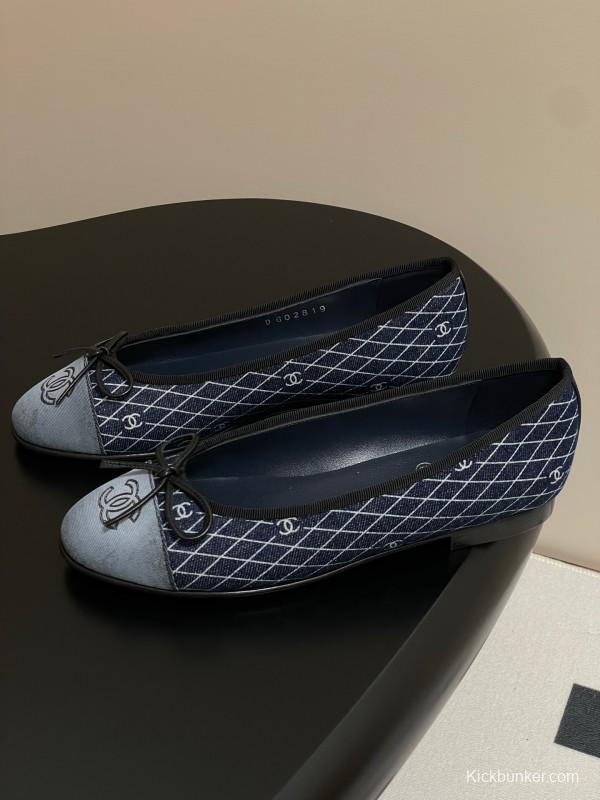 2025 Women Chanel Blue Denim Leather Ballet Flat