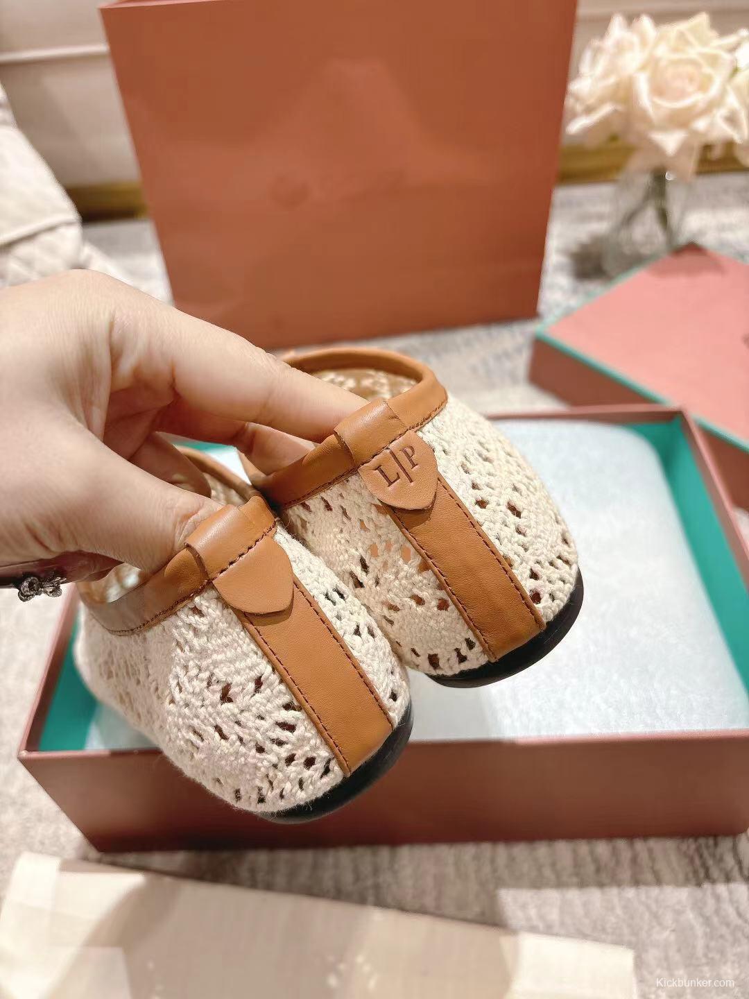 2025 Women LP Beige Brown Leather Crochet Ballet Flats