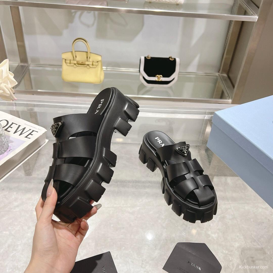 2025 Women Prada Black Leather Slingback Sandals LY00250