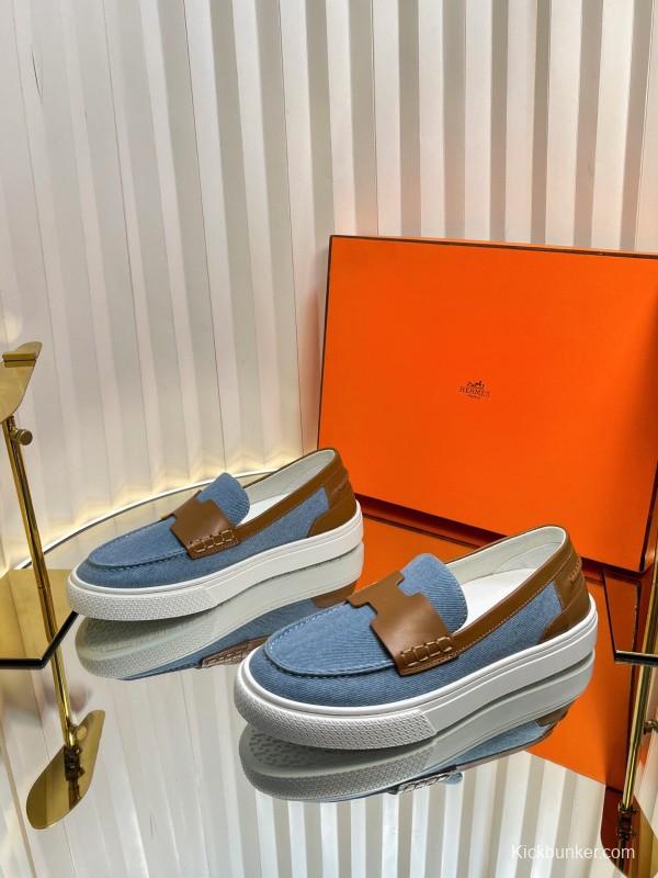 2025 Women Hermès Blue Brown Leather Canvas Loafer LY00310
