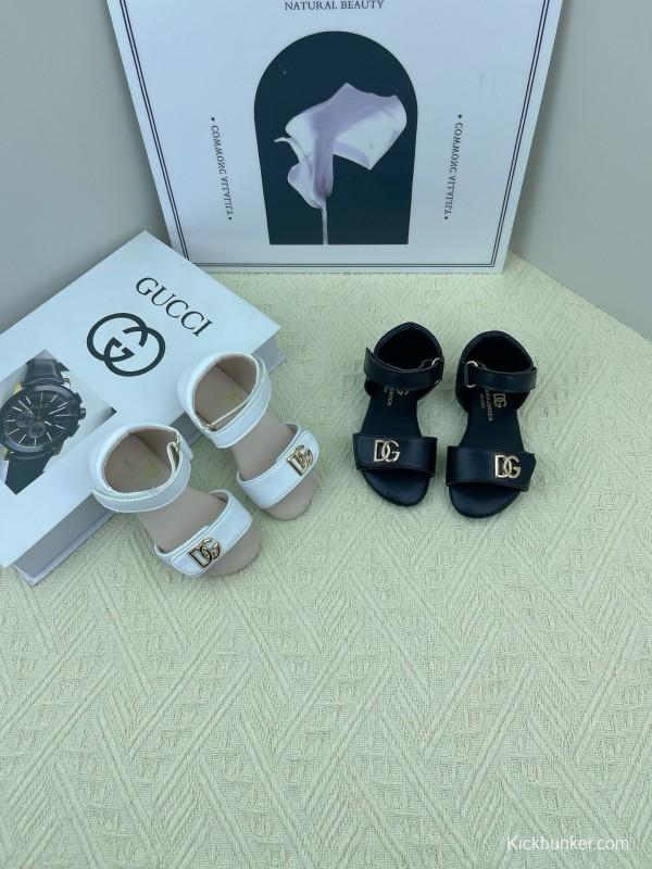 2025 Kids Dolce & Gabbana White Black Leather Sandals DG