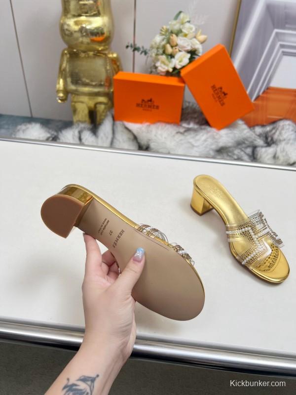 2025 Hermès Gold Leather Slippers MJ00180