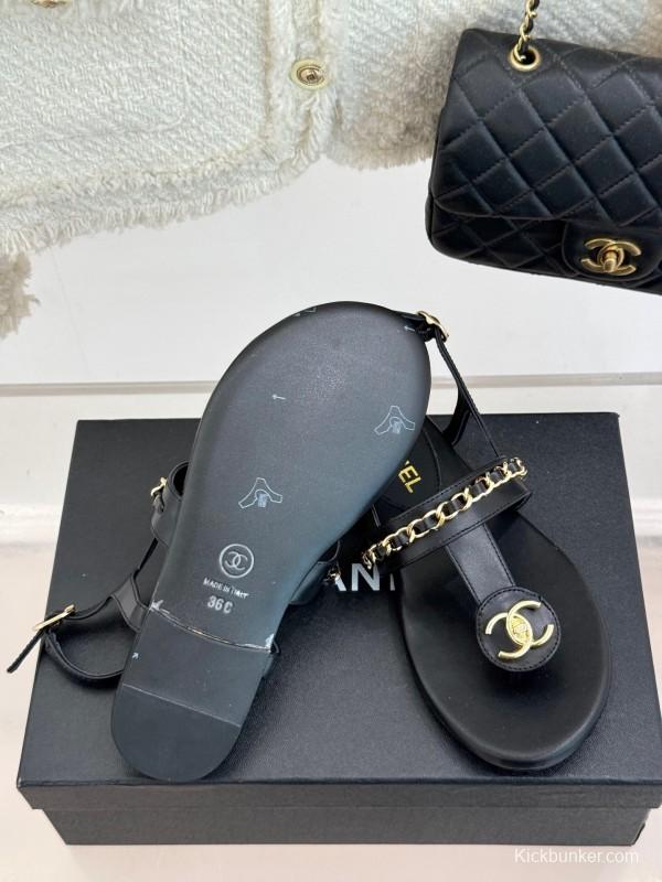 2025 Women Chanel Black Leather Sandals KFY00250