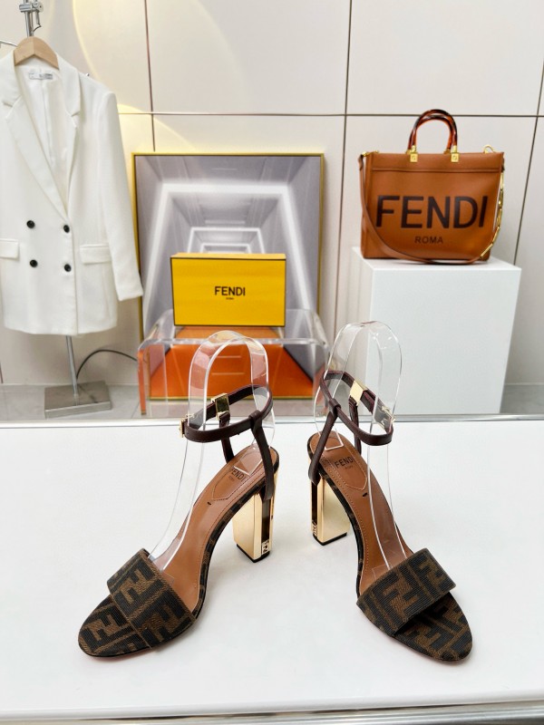 2025 Women Fendi Brown Leather Suede High Heel Sandals