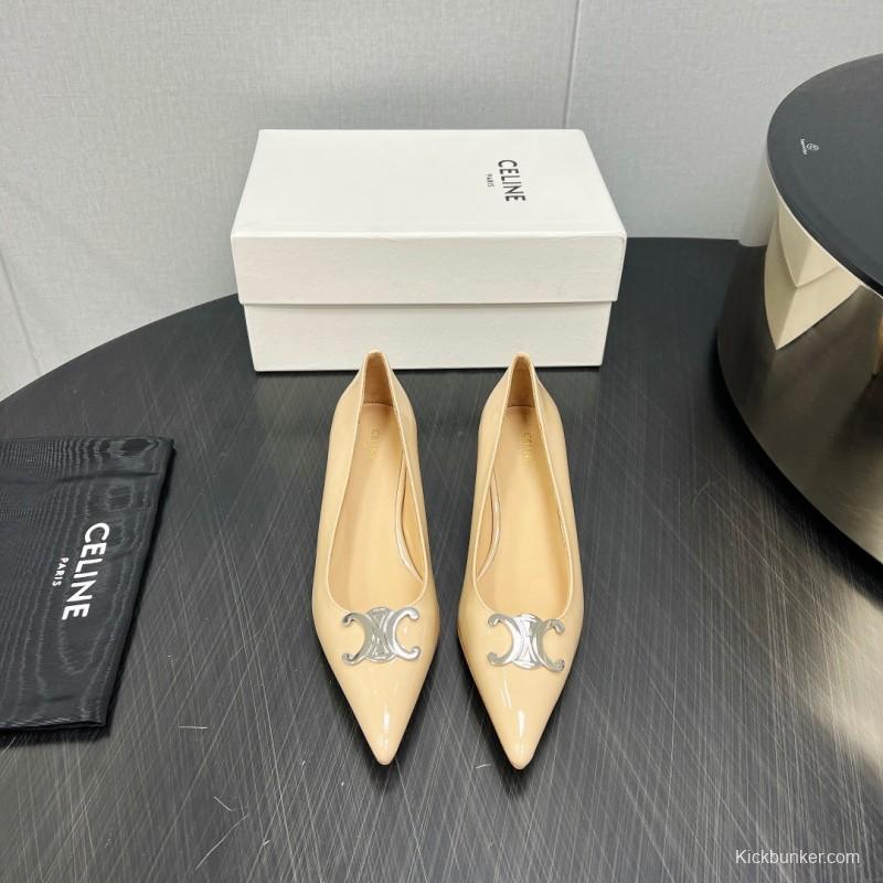 2025 Women Celine Beige Patent Leather Pointed Toe Heel Metal Ornament KFY00290