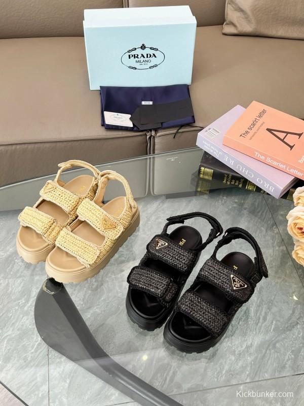 2025 Women Prada Beige Braided Leather Platform Sandals LY00300