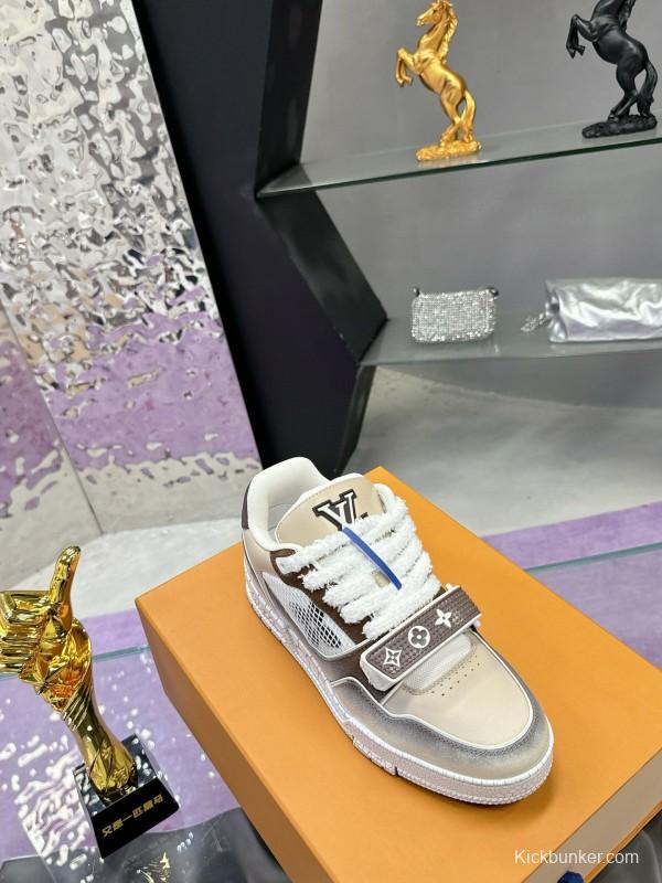 2024 Unisex Louis Vuitton White Brown Leather Mesh Plimsolls Waxed Vintage MJ00500