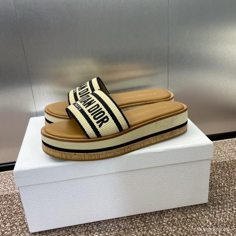 2025 Slippers Dior Beige Black Textile Platform Embroidery