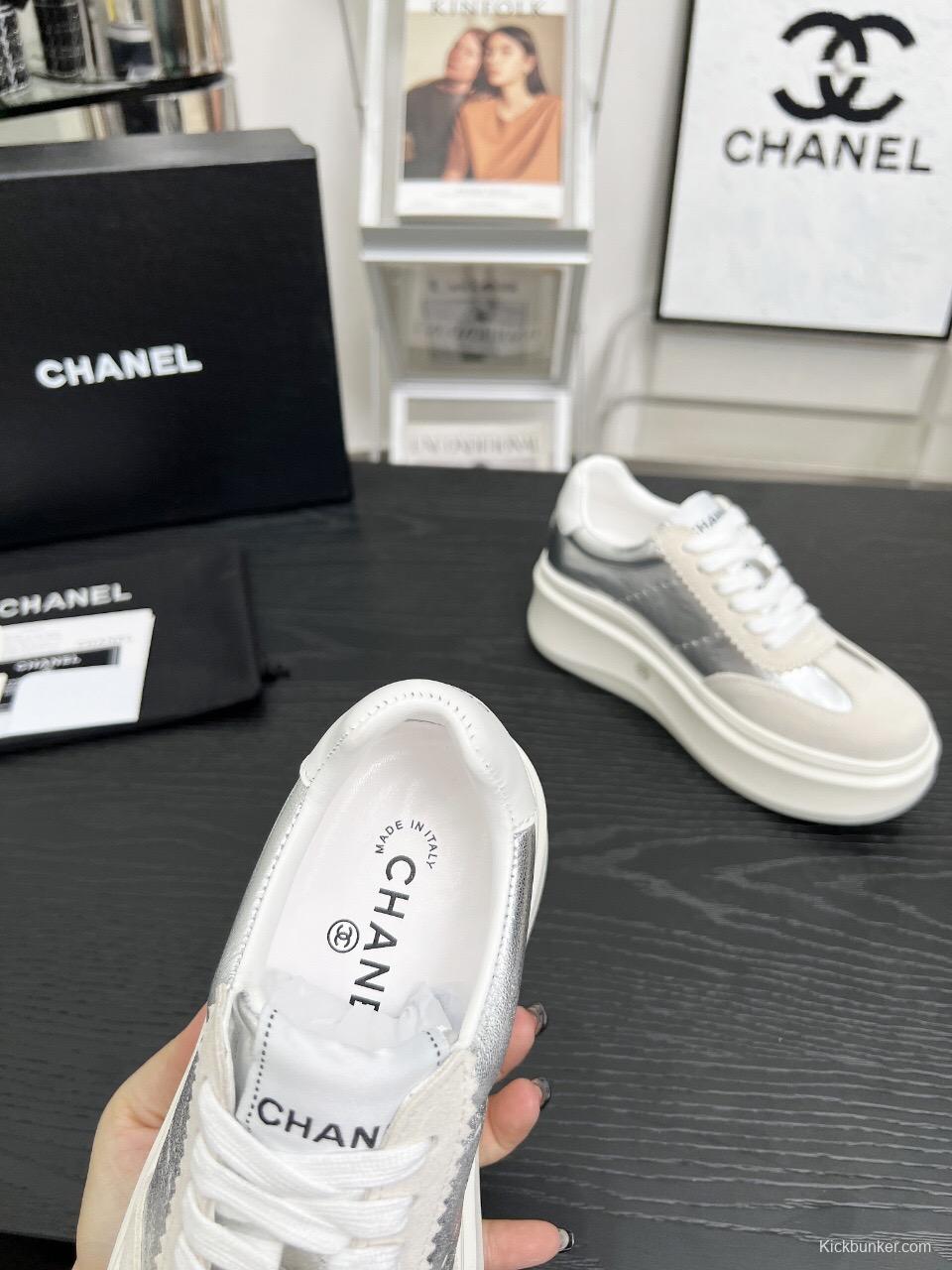 2025 Women Chanel White Silver Leather Suede Sneakers