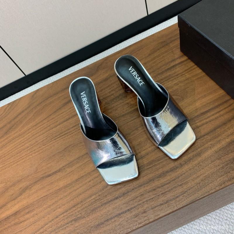 2025 Women VERSACE Silver Leather Slippers