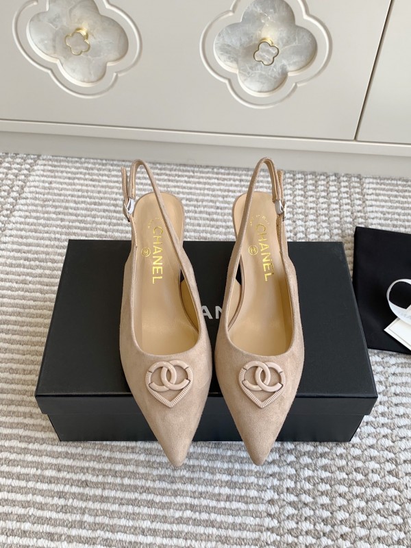 2025 Women Chanel Beige Suede Slingback Pointed Toe Heart CC Sandals