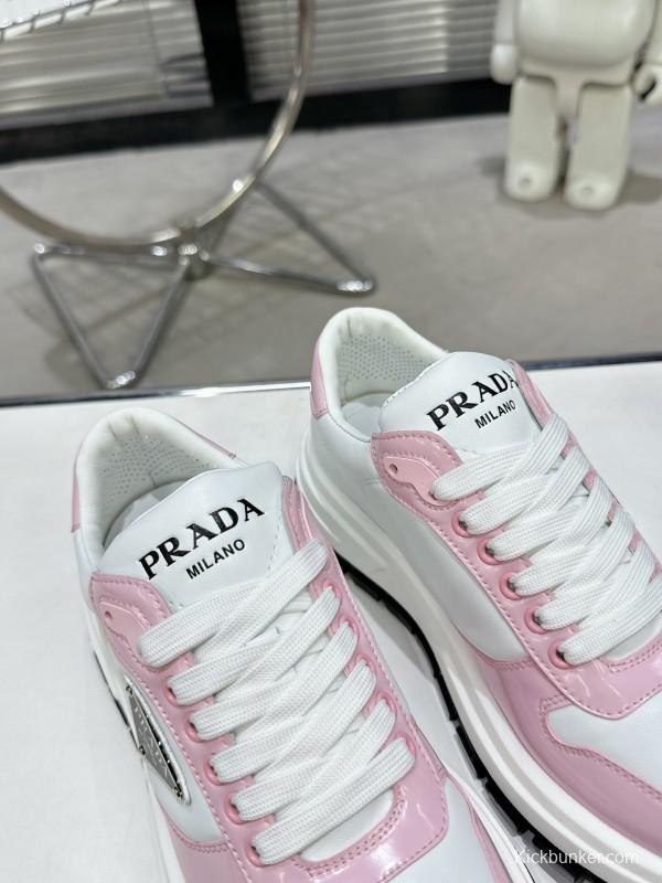 2025 Women Prada White Pink Leather Sneakers