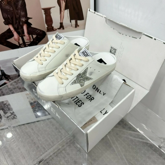 2025 Women GGDB White Silver Leather Suede Star Mules