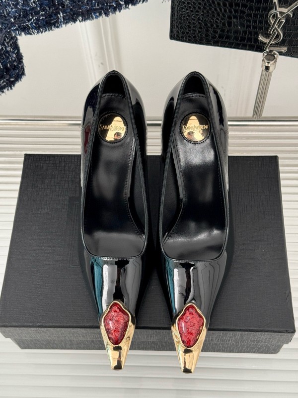 2024 Women Yves Saint Laurent Black Patent Leather High Heel Gemstone MJ00330