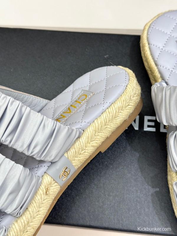 2025 Women Chanel Silver Leather Slippers KFY00230