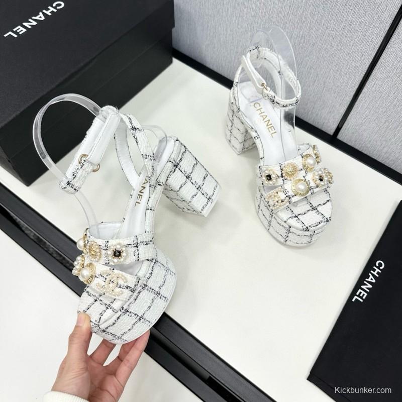 2025 Women Chanel White Black Tweed Platform Sandals