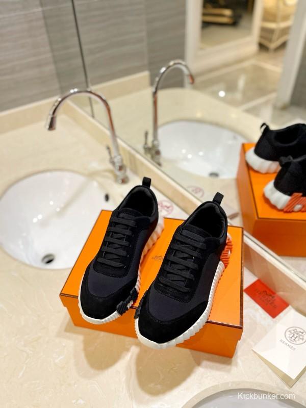 2024 Unisex Hermès Black Orange Glossy Calfskin Nylon Sneakers MJ00320