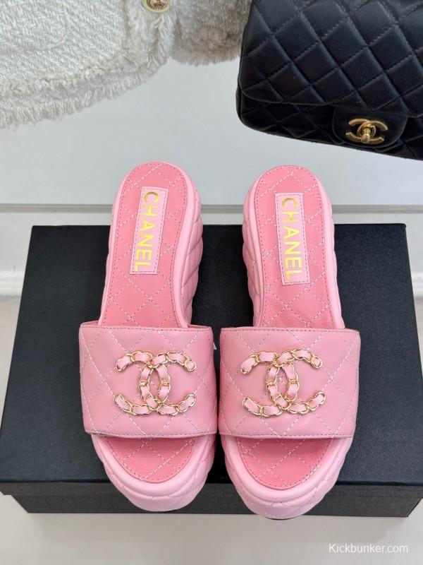 2025 Women Chanel Pink Leather Platform Slide Sandals