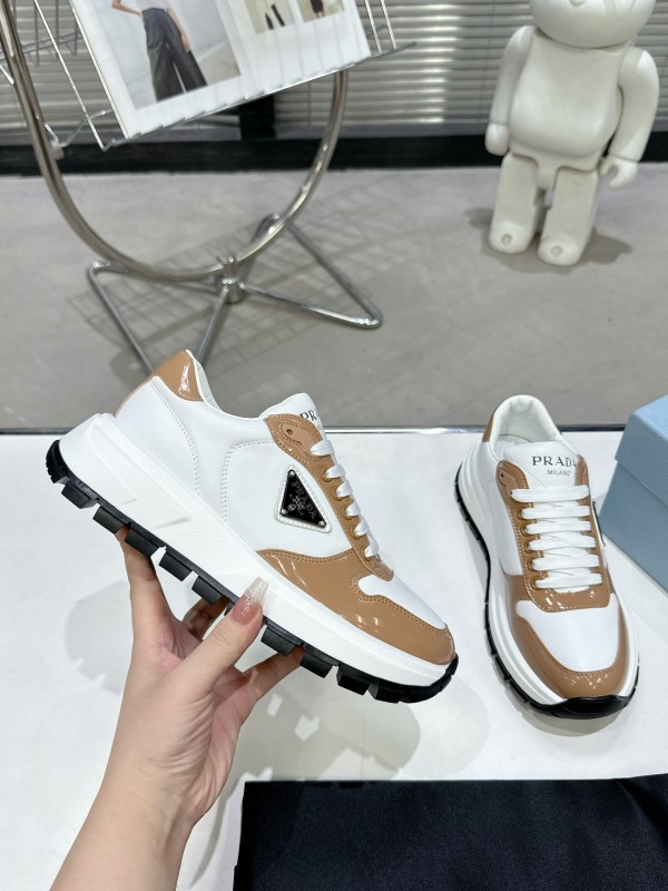 2025 Women Prada White Brown Leather Sneakers