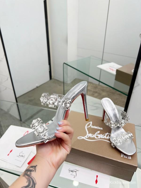2025 Women Christian Louboutin Silver Leather High Heel Sandals Diamond Decoration LY00300