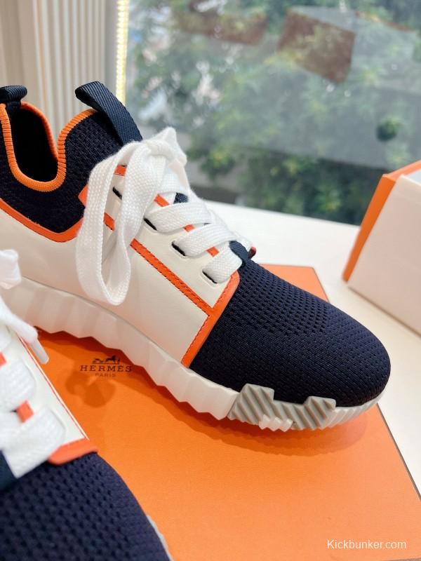 2024 Unisex Hermès 爱H Navy Orange Knit Leather Sneakers 