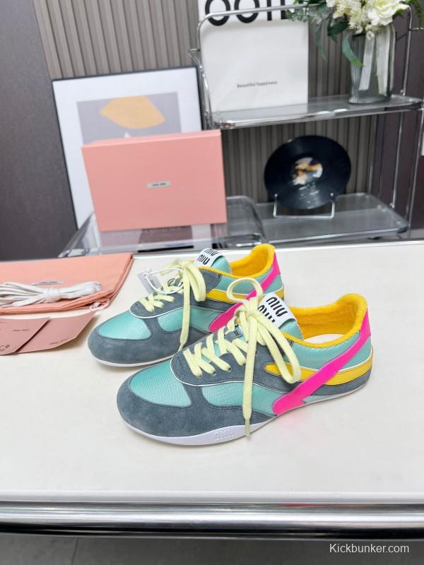 2025 Women Miu Miu Blue Grey Pink Yellow Suede Mesh Sneakers G027