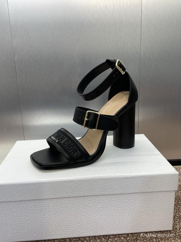 2025 Women Dior Black Leather High Heel Sandals KFY00310