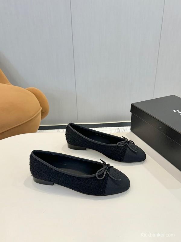 2025 Women Chanel Black Lambskin Tweed Ballet Flats LY00250