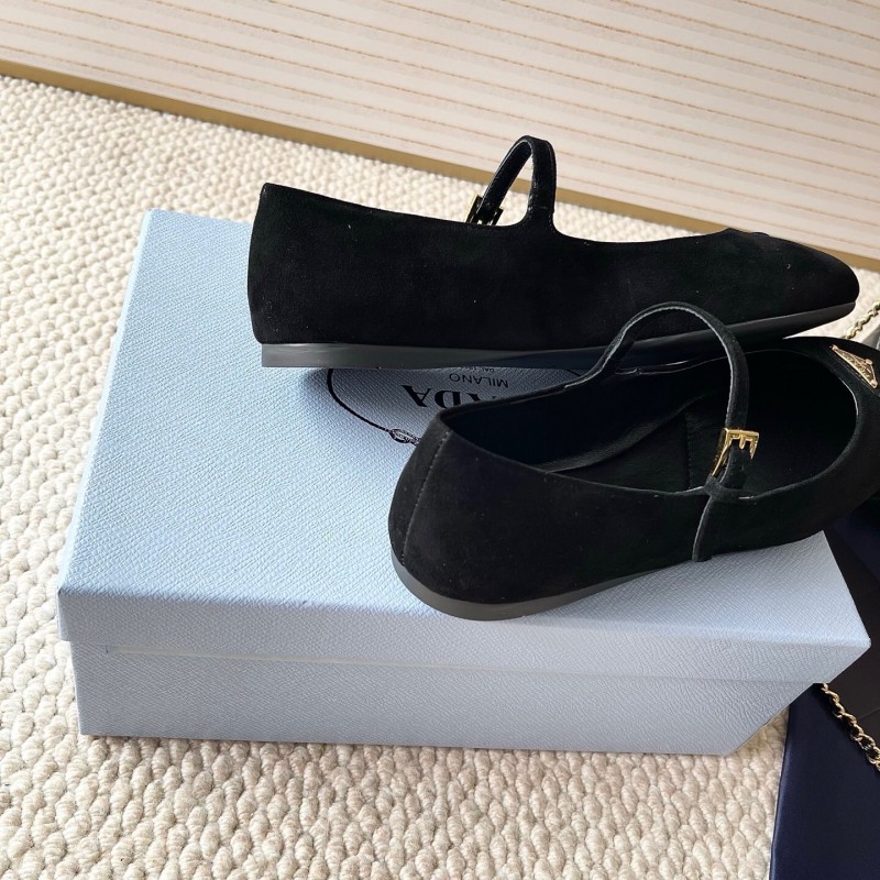 2025 Women Prada Black Suede Mary Jane Ballet Flat