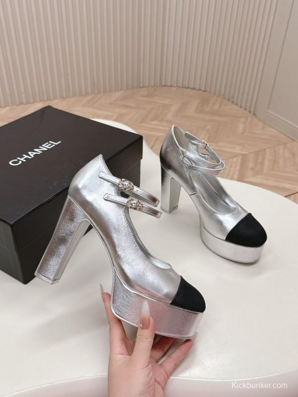 2025 Women Chanel Silver Black Leather Mary Jane Platform Heels