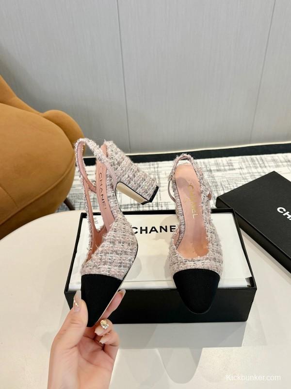 2025 Women Chanel Black White Tweed Leather Slingback Block Heel LY00270