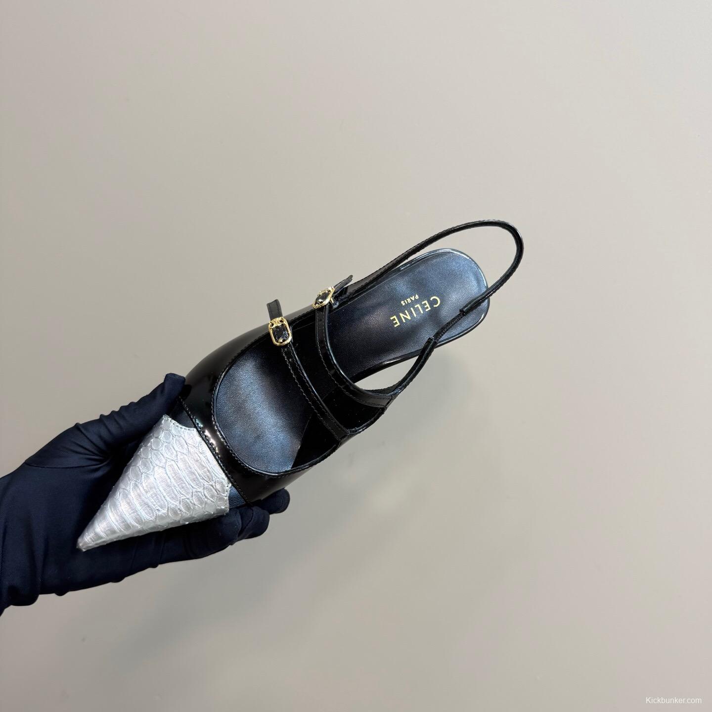 2025 Women Celine Black White Leather Pointed Toe Kitten Heel KFY00310