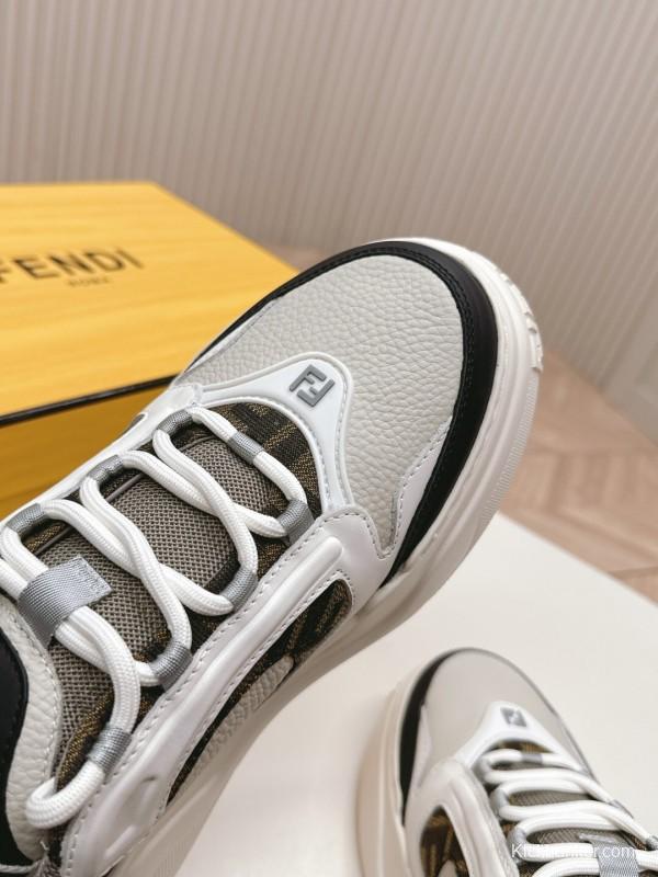 2025 Women Fendi White Black Grey Leather Mesh Sneakers