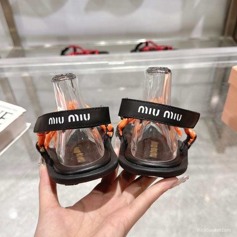 2025 Women Miu Miu Orange Black Rope Leather Sandals