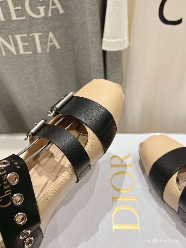 2025 Women Dior Beige Black Leather Mary Jane Buckle Flats
