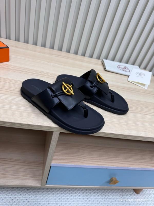 2025 Women Hermès Black Leather Slippers
