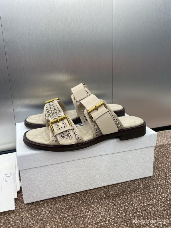 2025 Women Dior Beige Calfskin Leather Slippers KFY00300