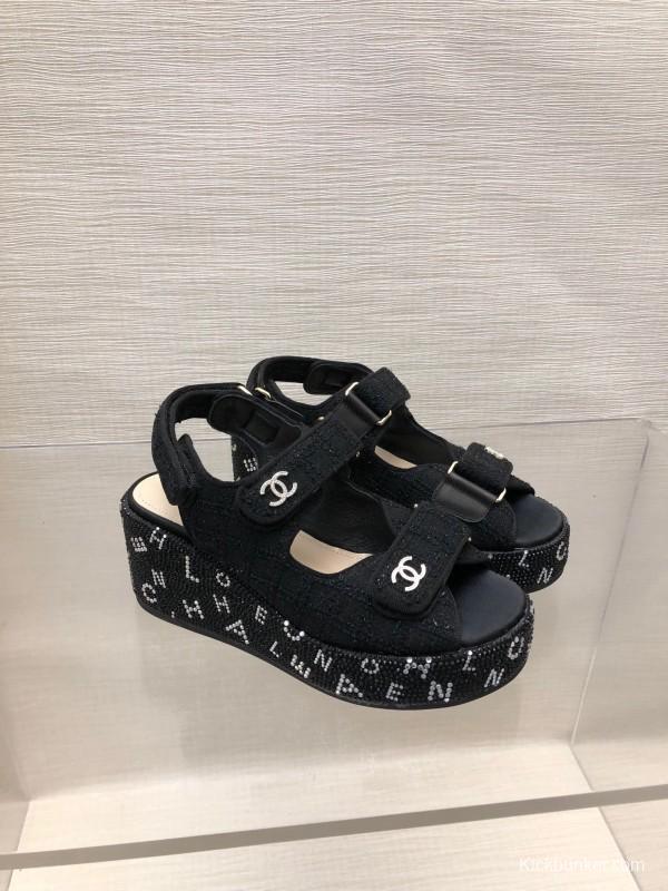 2025 Women Chanel Black Fabric Platform Sandals LY00330