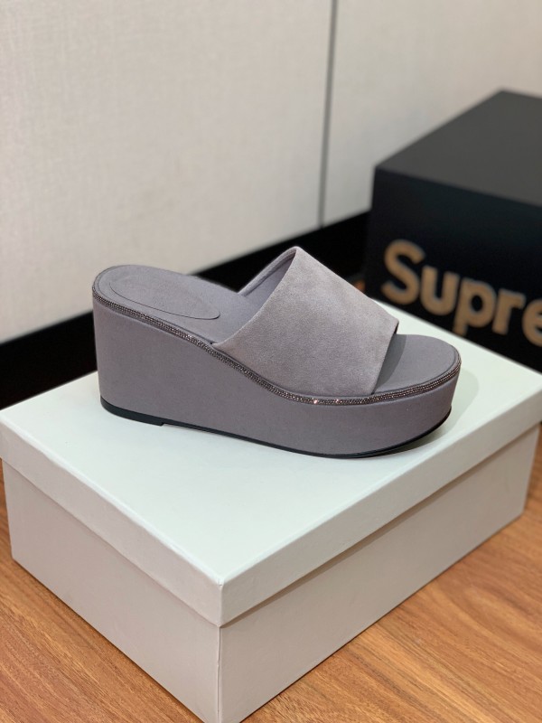 2025 Women BRUNELLO CUCINELLI Grey Suede Platform Slide Sandals Elegant Craftsmanship LY00360(F)