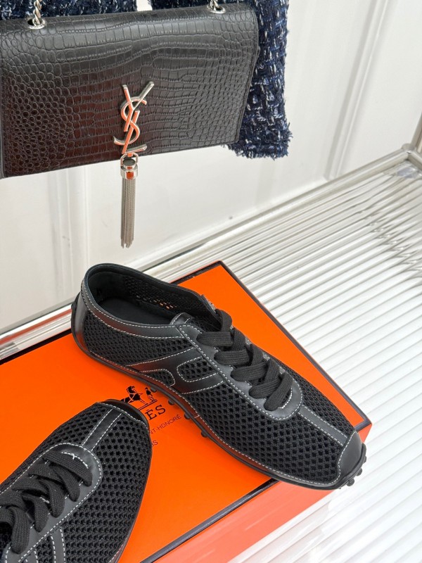 2025 Women Hermès Black Mesh Leather Sneakers