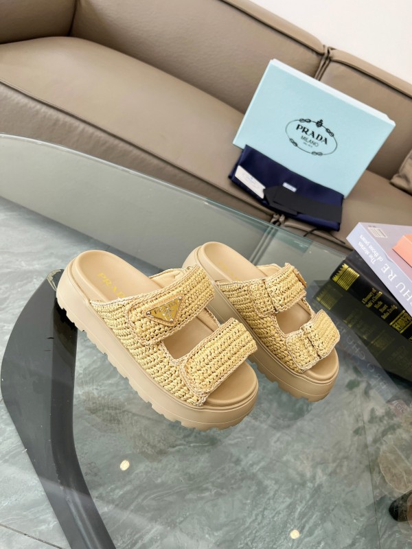 2025 Prada Beige Raffia Slippers LY00290