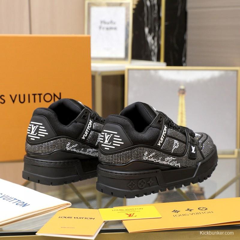 2024 Unisex Louis Vuitton Black Rhinestone Leather LV Trainer Sneakers MJ00430